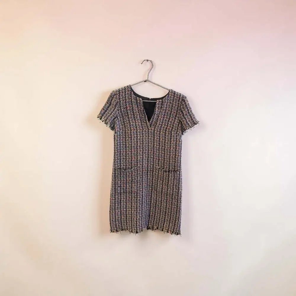 Ann Taylor Multi-Color Tweed V-Neck‎ Shift Dress with Fringe Trim